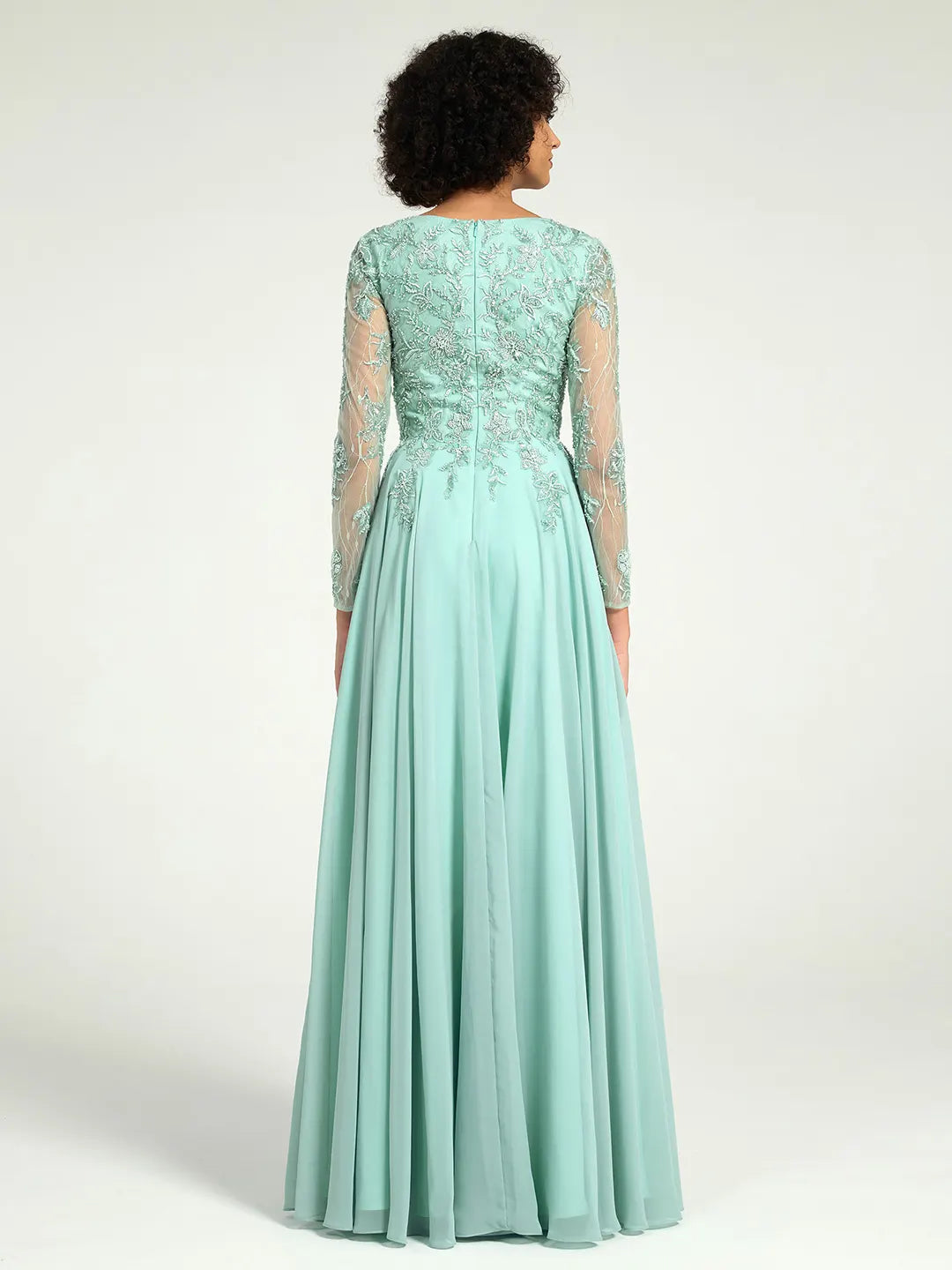 Mint Green Long Sleeve Mother of the Bride Dress with Beaded Lace Accents