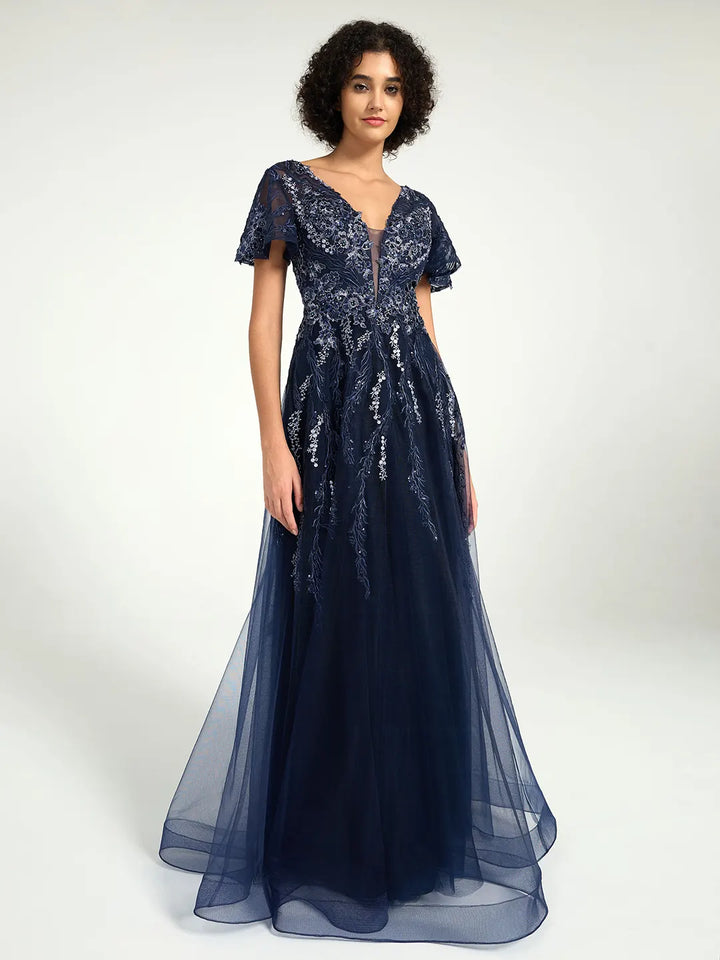 A-Line Maxi Dress with Embroidered Lace and Deep V-Neckline