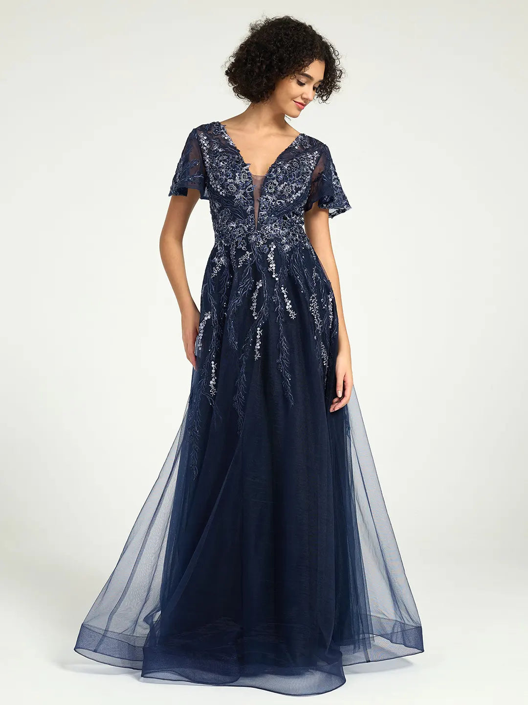 A-Line Maxi Dress with Embroidered Lace and Deep V-Neckline