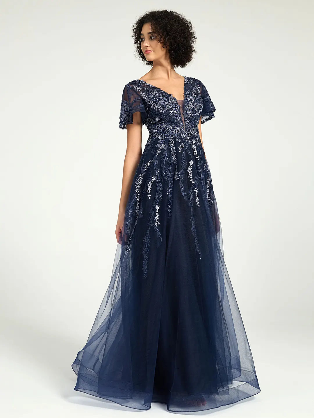 A-Line Maxi Dress with Embroidered Lace and Deep V-Neckline