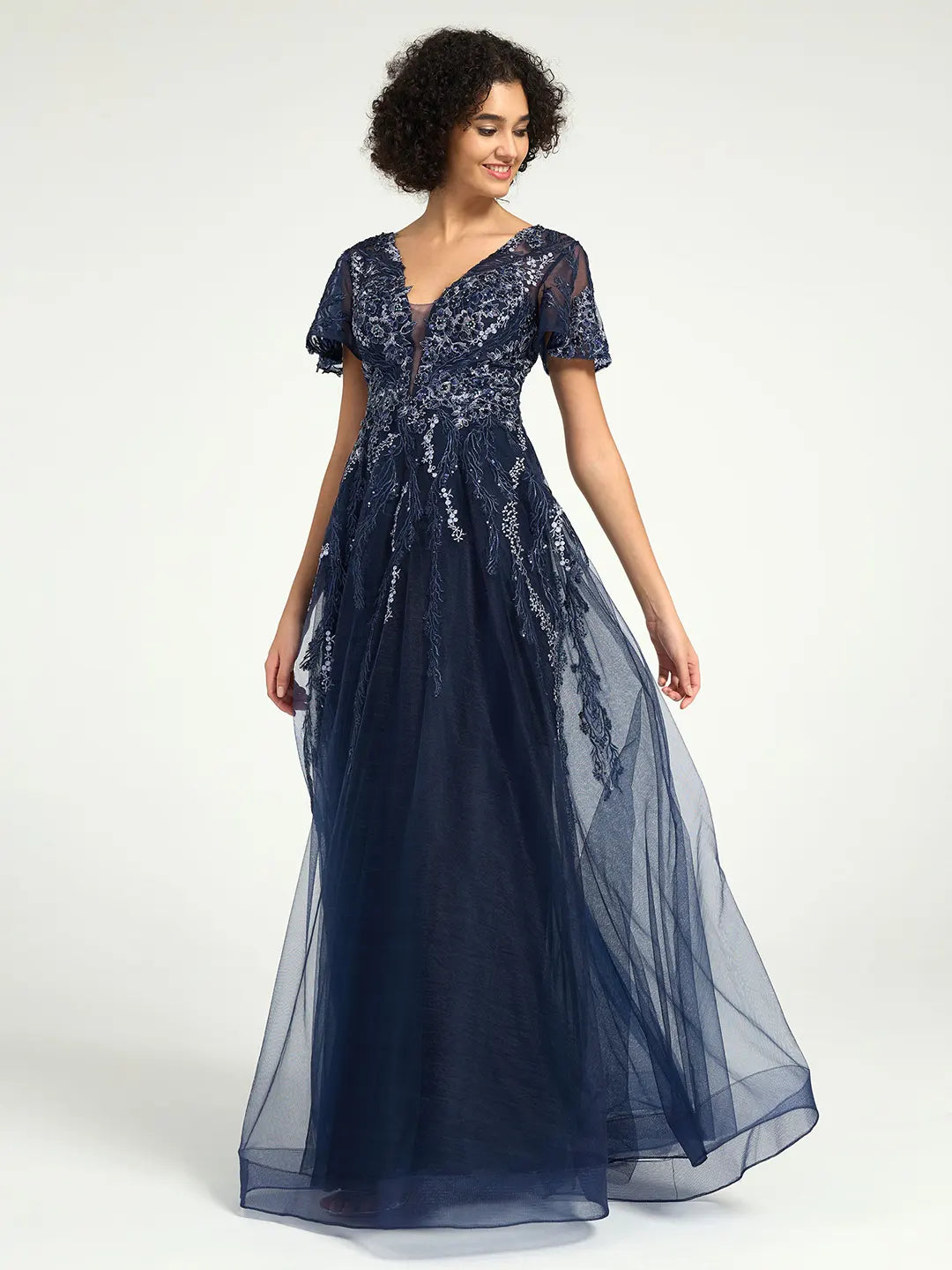 A-Line Maxi Dress with Embroidered Lace and Deep V-Neckline