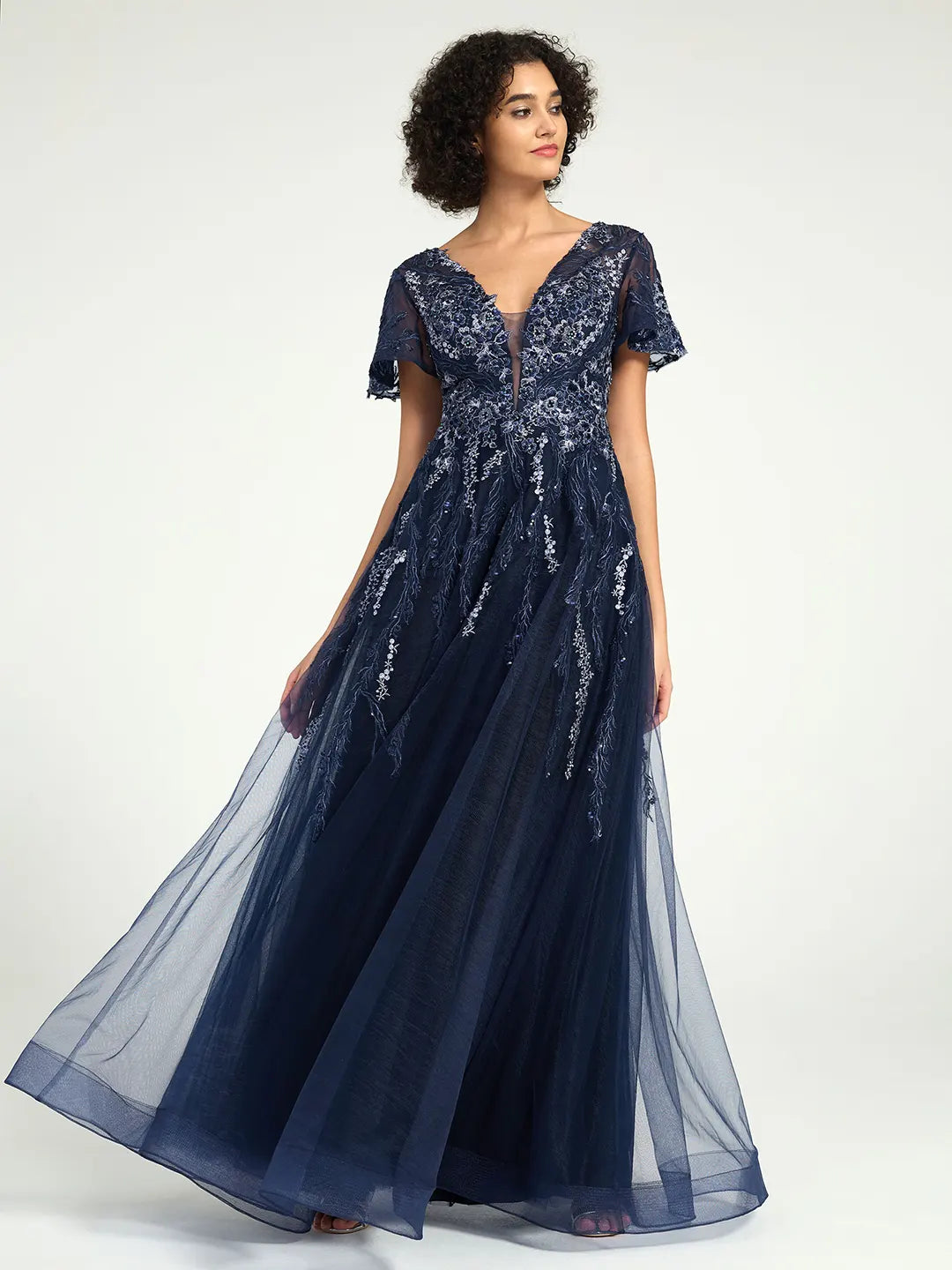 A-Line Maxi Dress with Embroidered Lace and Deep V-Neckline