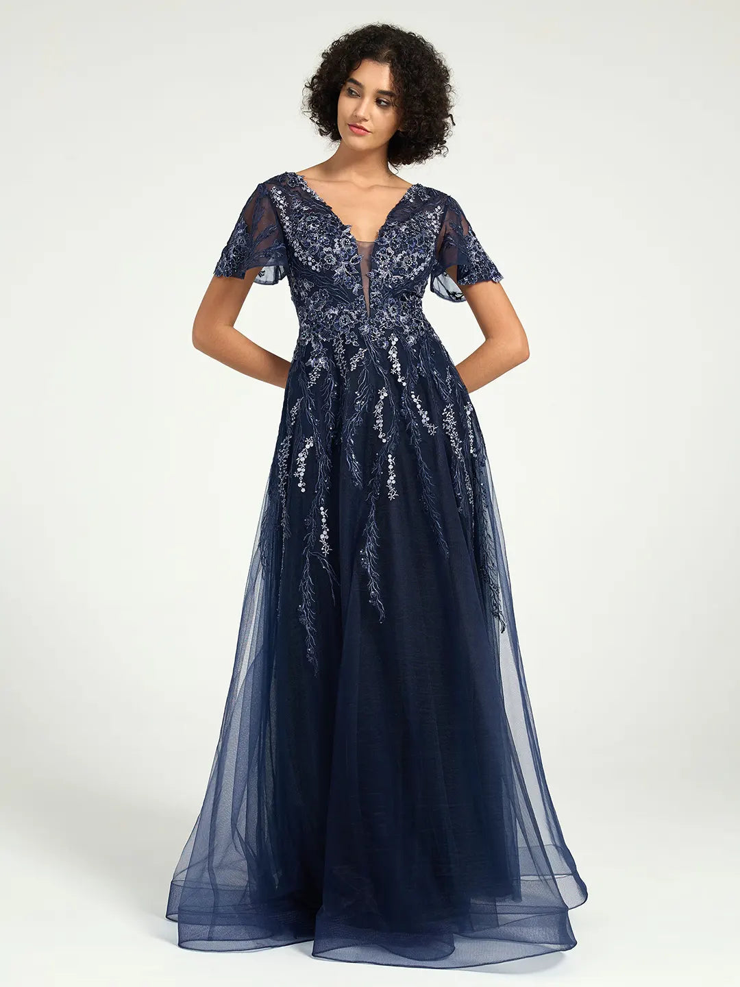 A-Line Maxi Dress with Embroidered Lace and Deep V-Neckline