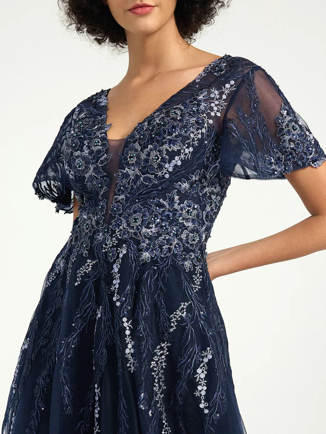 A-Line Maxi Dress with Embroidered Lace and Deep V-Neckline