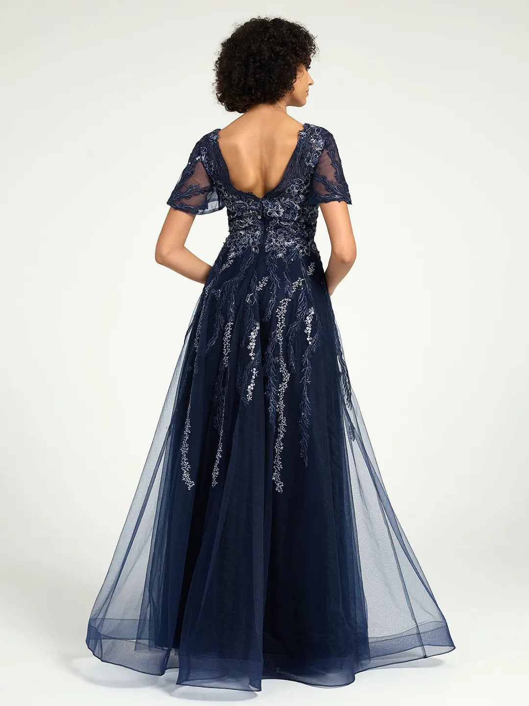 A-Line Maxi Dress with Embroidered Lace and Deep V-Neckline