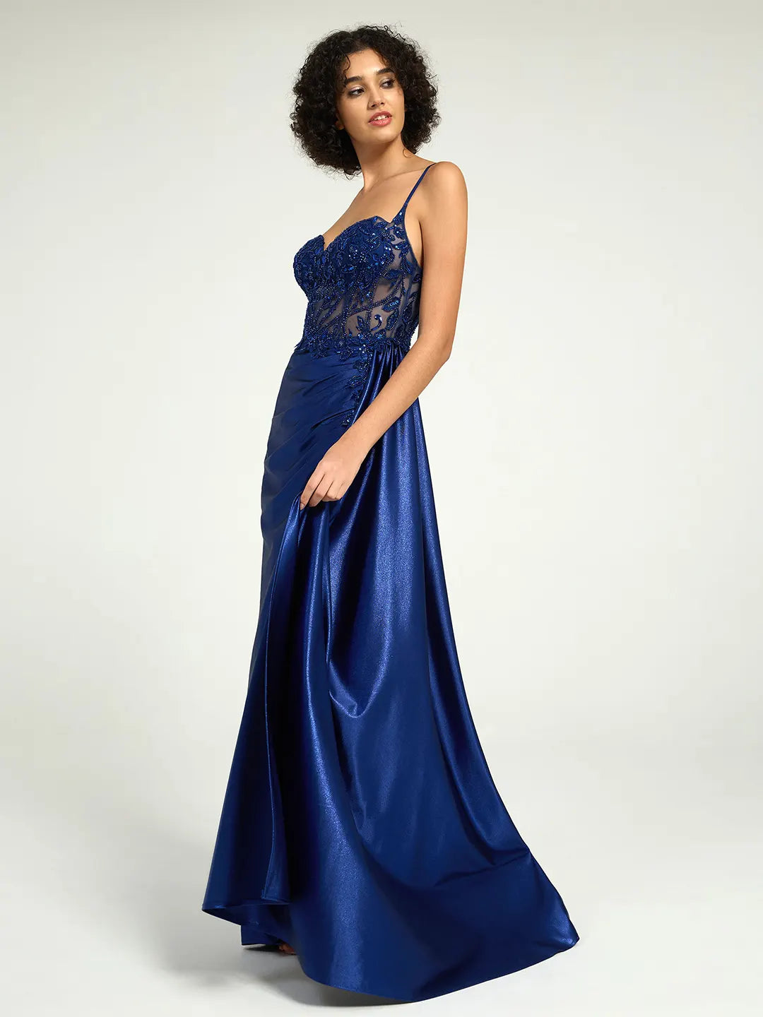 Navy Satin Sheath Gown with Sweetheart Neckline, Strappy Back, and High Leg Slit