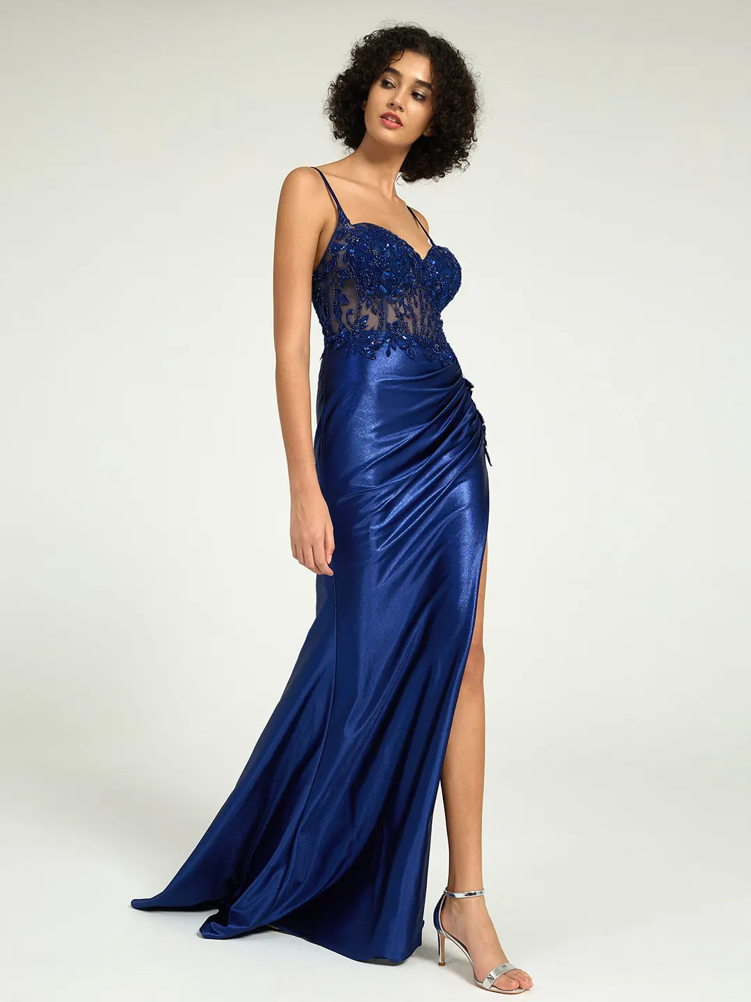 Navy Satin Sheath Gown with Sweetheart Neckline, Strappy Back, and High Leg Slit