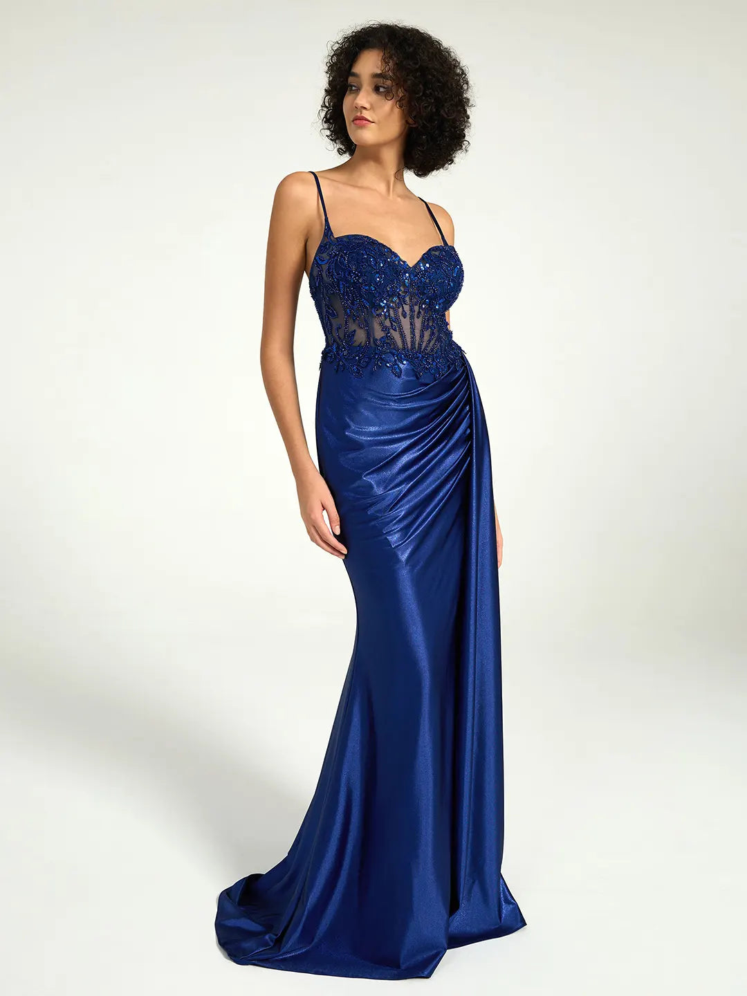 Navy Satin Sheath Gown with Sweetheart Neckline, Strappy Back, and High Leg Slit