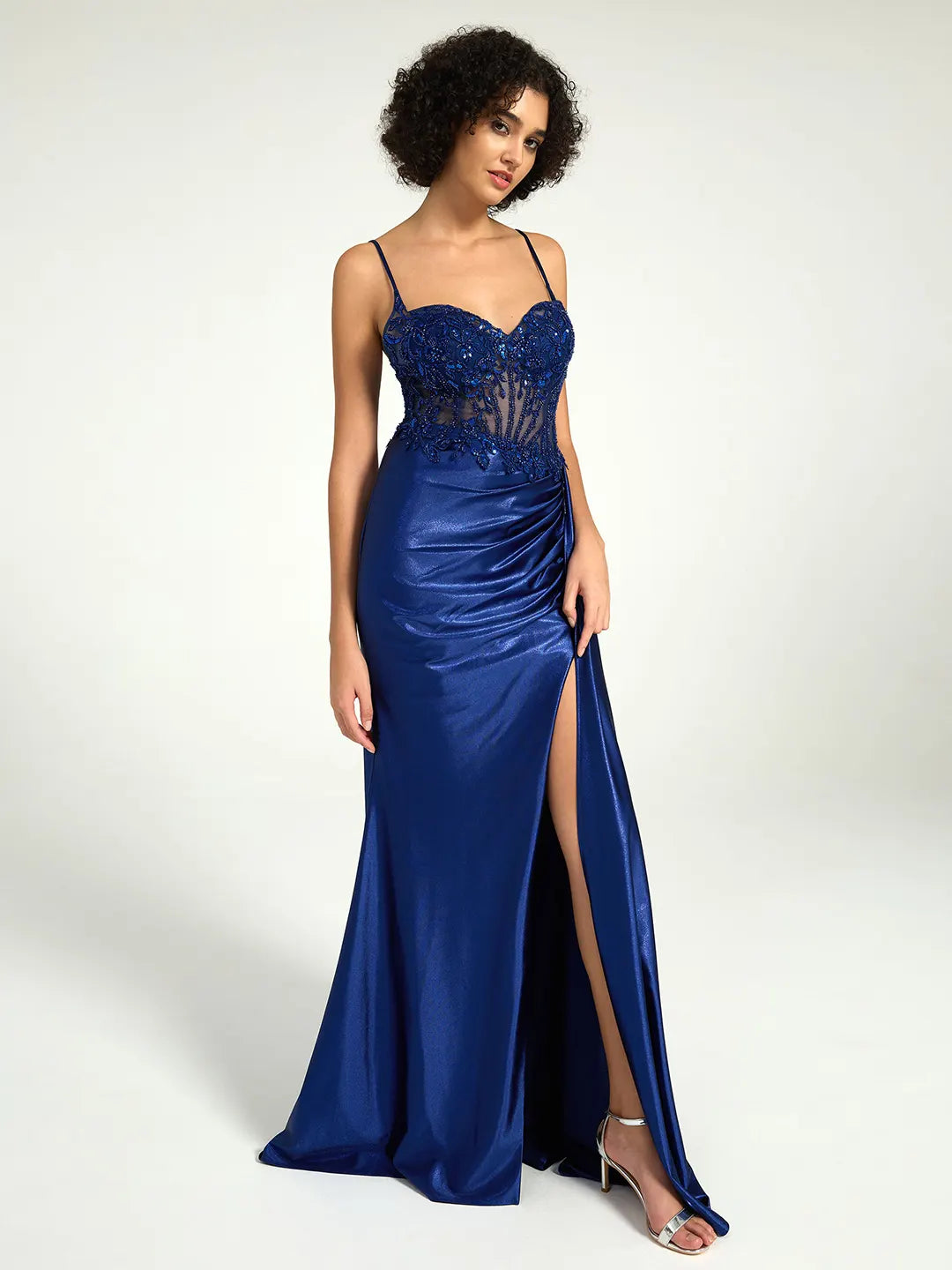 Navy Satin Sheath Gown with Sweetheart Neckline, Strappy Back, and High Leg Slit