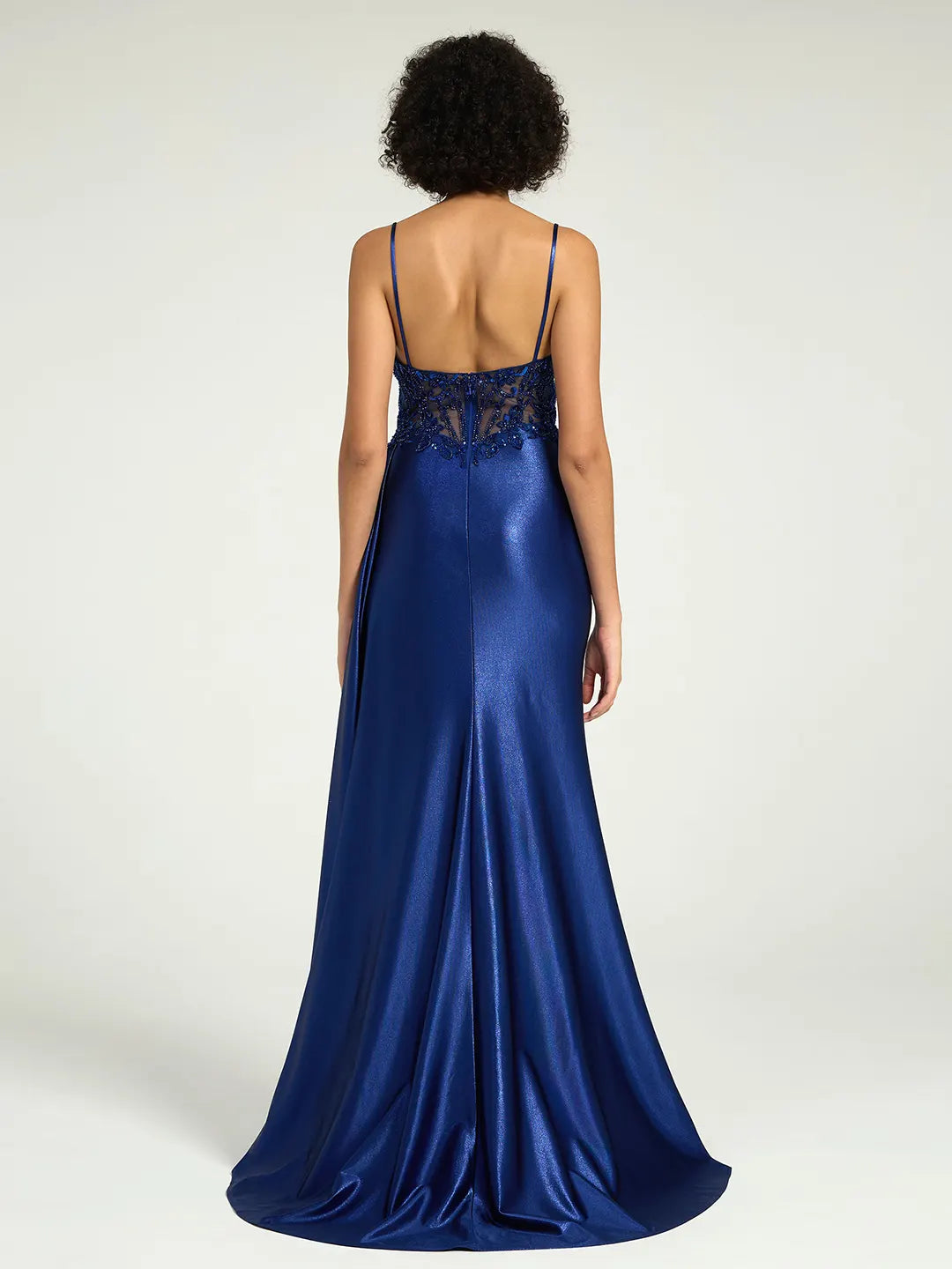 Navy Satin Sheath Gown with Sweetheart Neckline, Strappy Back, and High Leg Slit