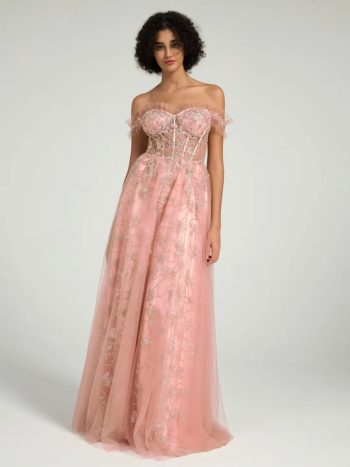 Off-the-Shoulder Floral Embellished A-Line Ball Gown