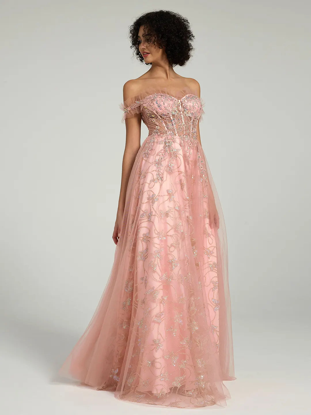 Off-the-Shoulder Floral Embellished A-Line Ball Gown