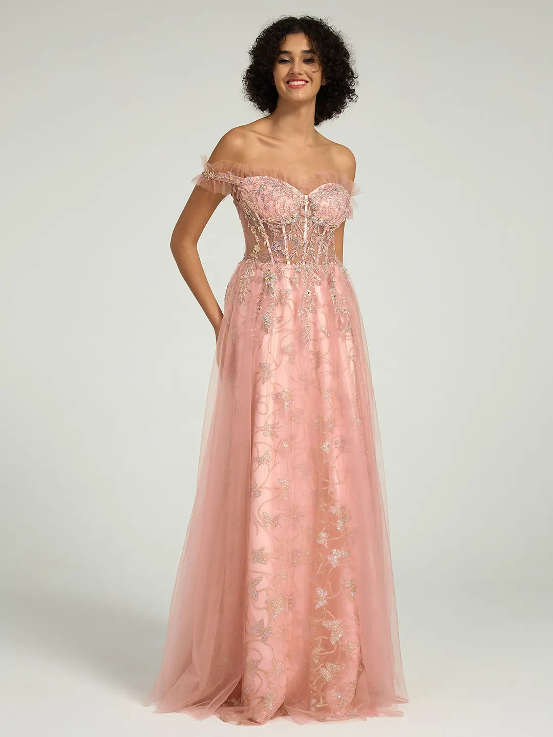 Off-the-Shoulder Floral Embellished A-Line Ball Gown