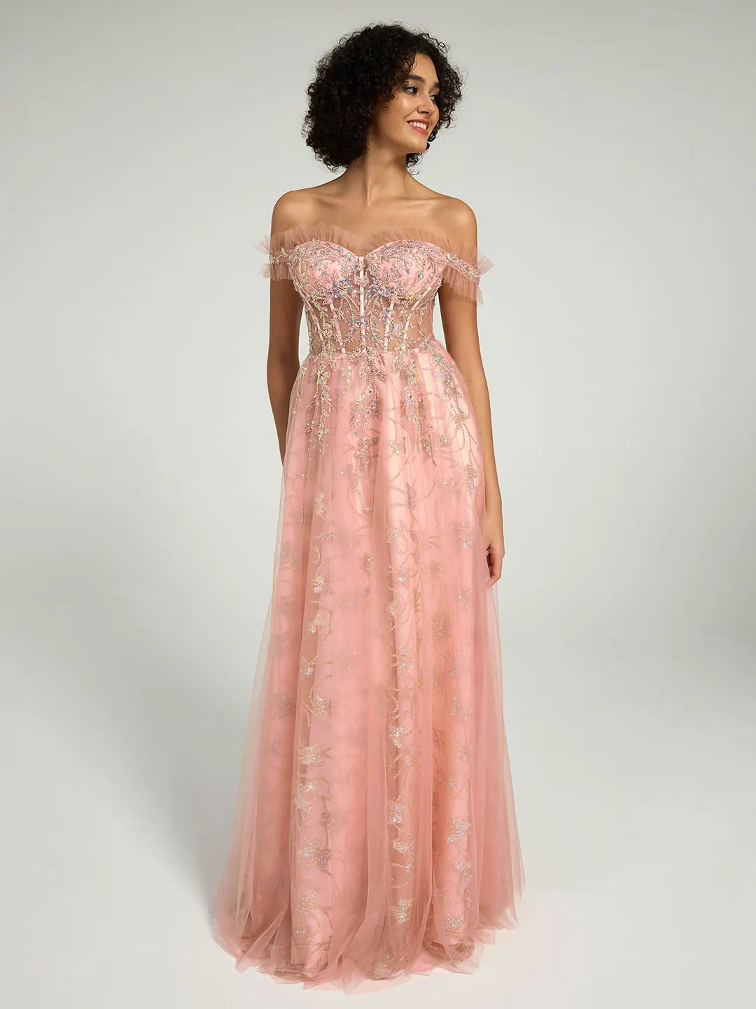 Off-the-Shoulder Floral Embellished A-Line Ball Gown