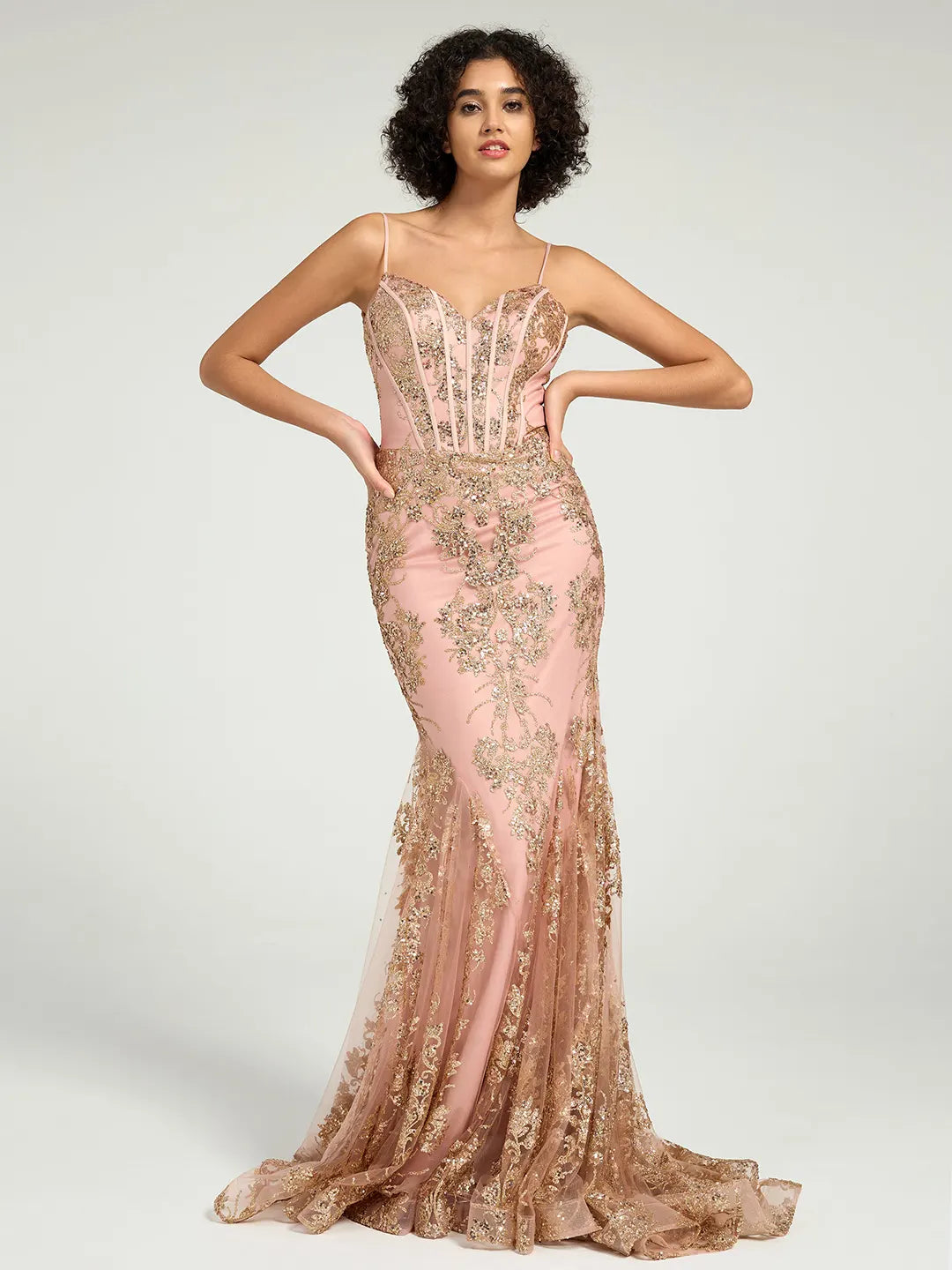 Pink Long Fit & Flare Corset Prom Dress with Rose Gold Glitter Print