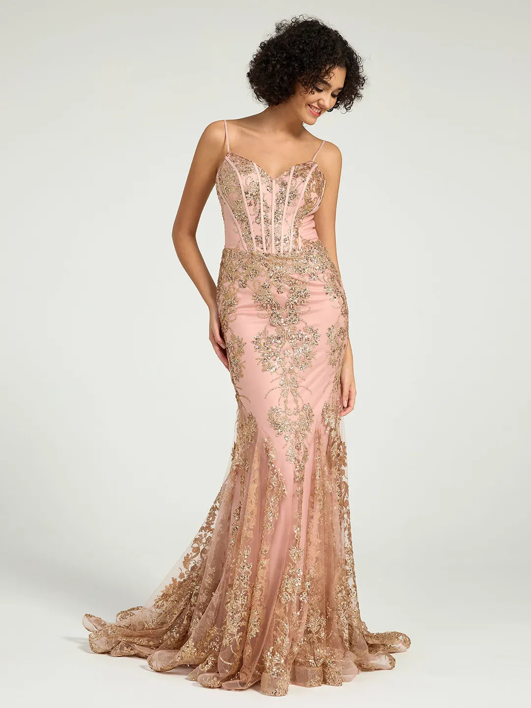 Pink Long Fit & Flare Corset Prom Dress with Rose Gold Glitter Print