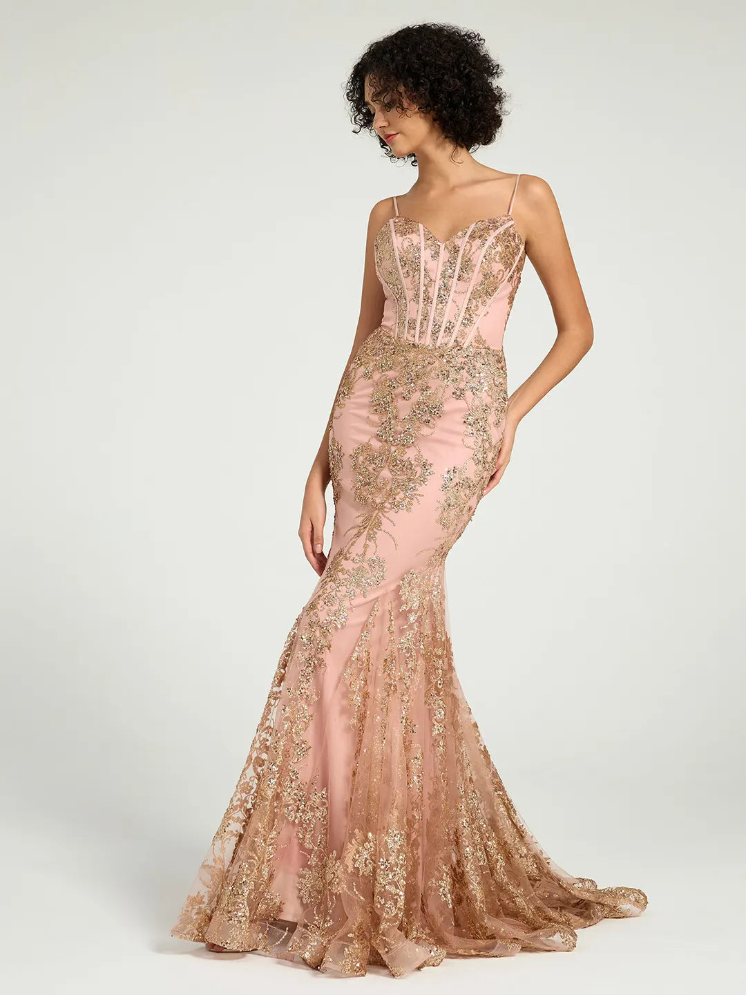 Pink Long Fit & Flare Corset Prom Dress with Rose Gold Glitter Print