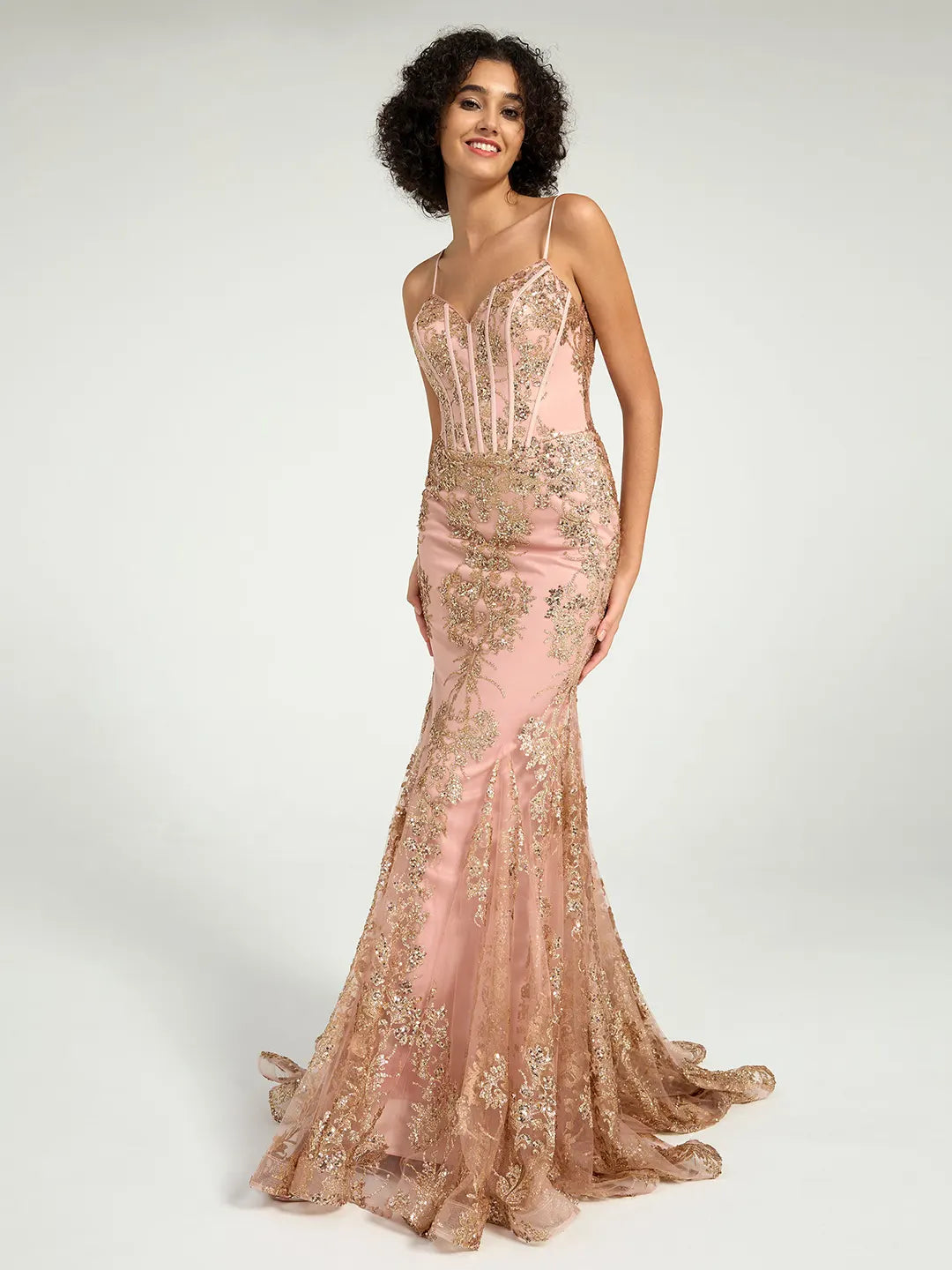 Carlyna Carlyna Carlyna Carlyna Long Fit & Flare Corset Prom Dress with Rose Gold Glitter Print