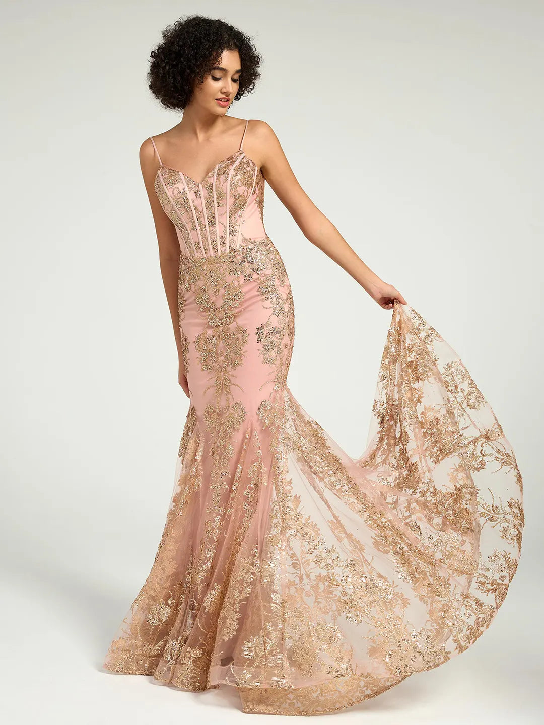 Pink Long Fit & Flare Corset Prom Dress with Rose Gold Glitter Print