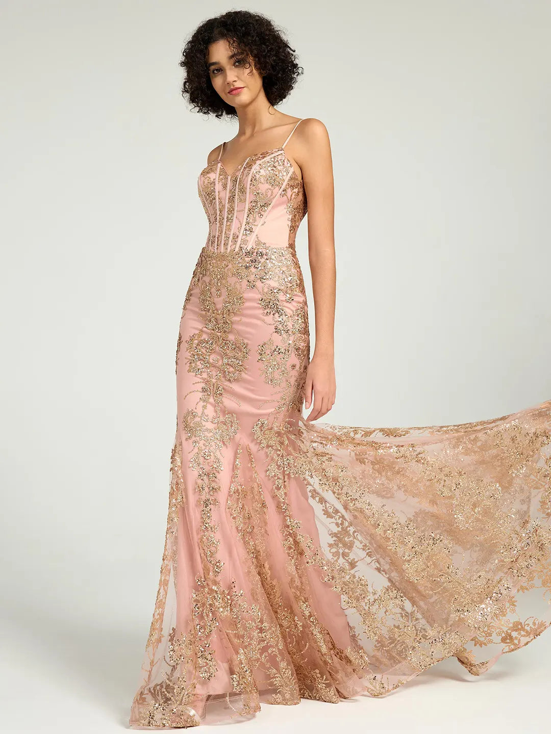 Pink Long Fit & Flare Corset Prom Dress with Rose Gold Glitter Print