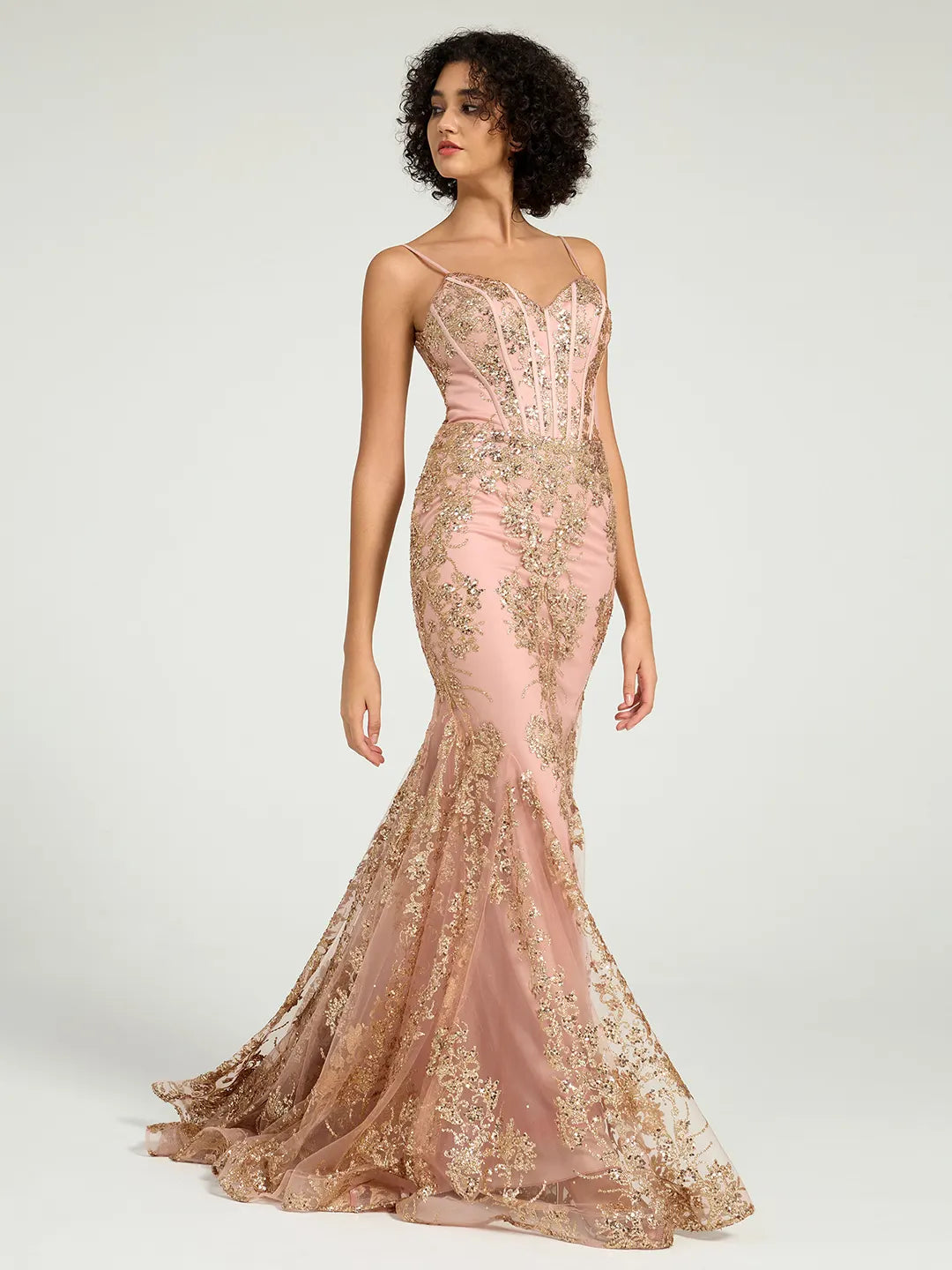 Carlyna Carlyna Carlyna Carlyna Carlyna Carlyna Carlyna Long Fit & Flare Corset Prom Dress with Rose Gold Glitter Print