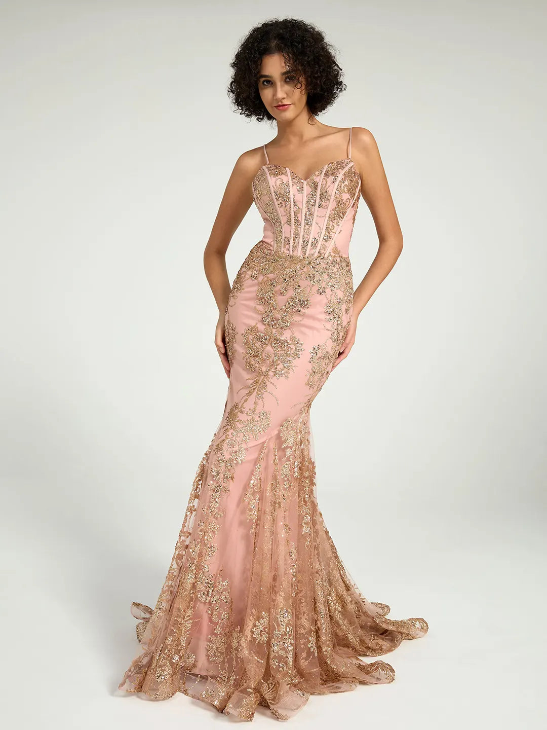 Pink Long Fit & Flare Corset Prom Dress with Rose Gold Glitter Print