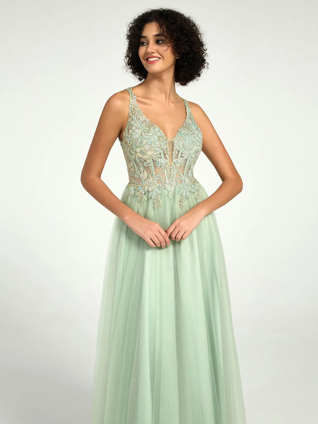 Plunge Neck Floral Lace A-Line Ball Gown with Open Back