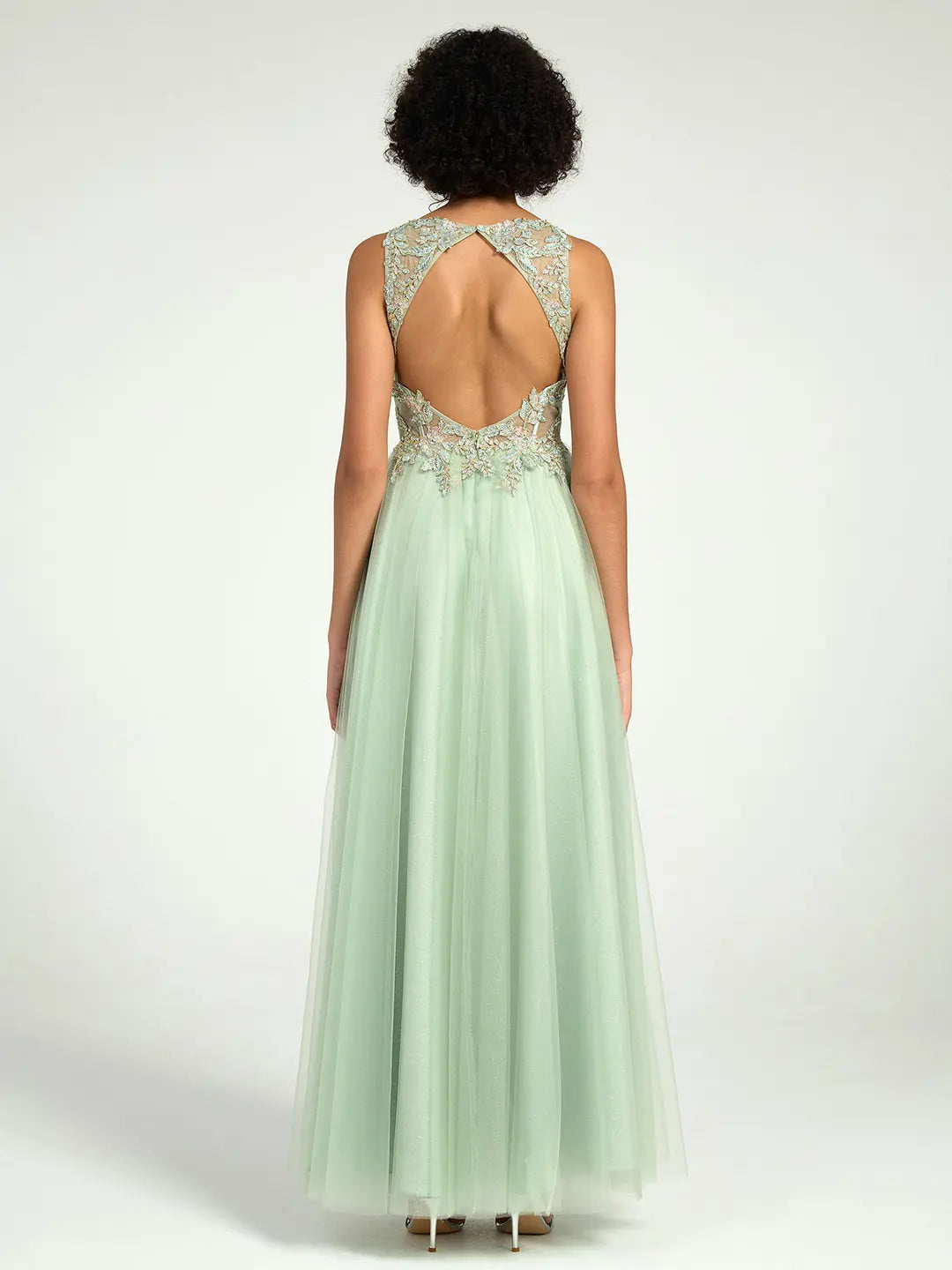 Plunge Neck Floral Lace A-Line Ball Gown with Open Back