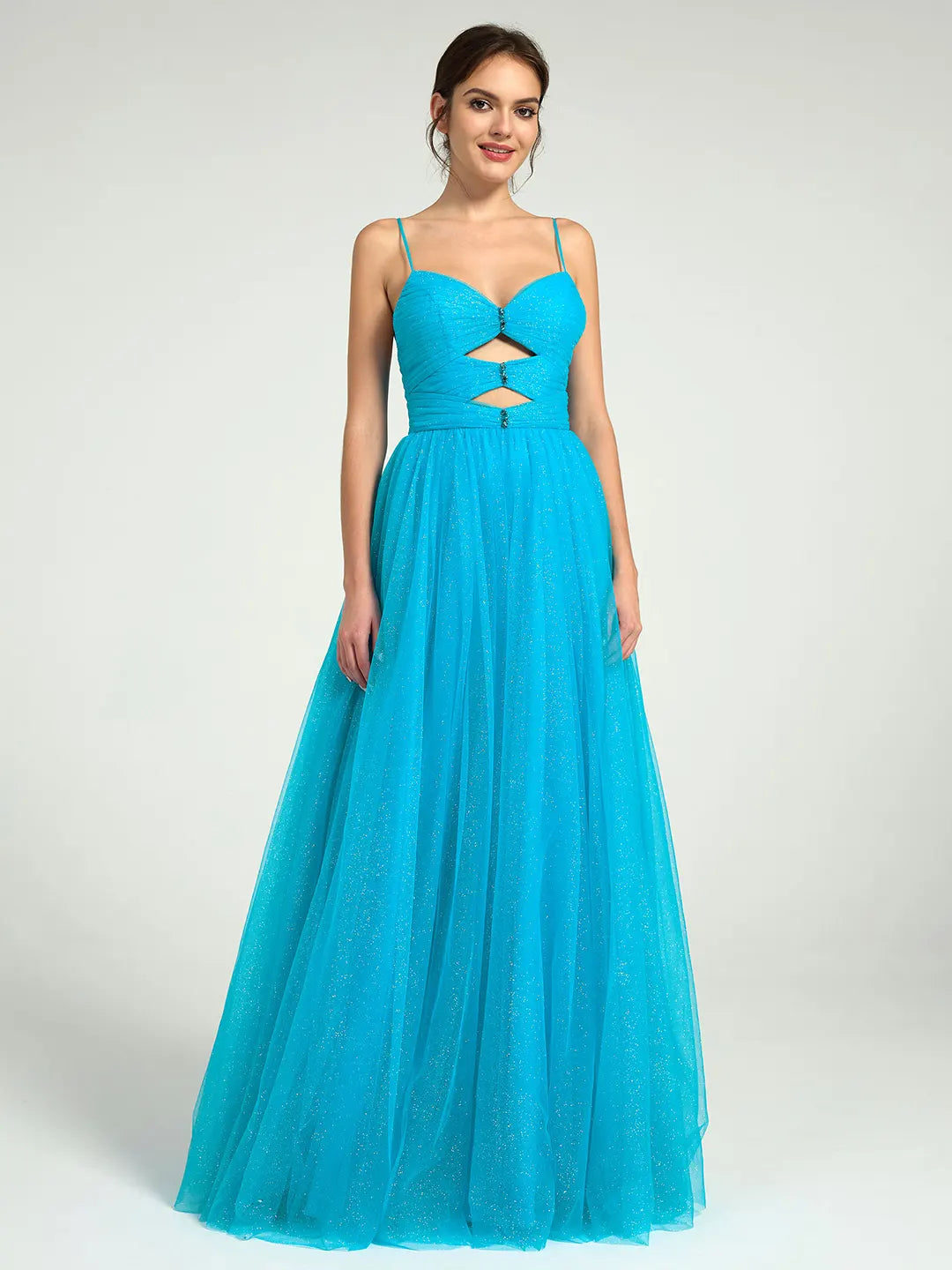 Carlyna Radiant Glitter Tulle A-Line Maxi Dress with Cutouts & Strappy Back