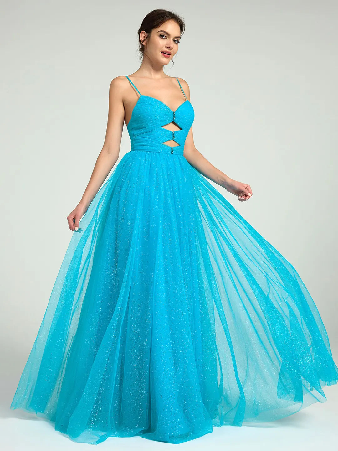 Radiant Glitter Tulle A-Line Maxi Dress with Cutouts & Strappy Back