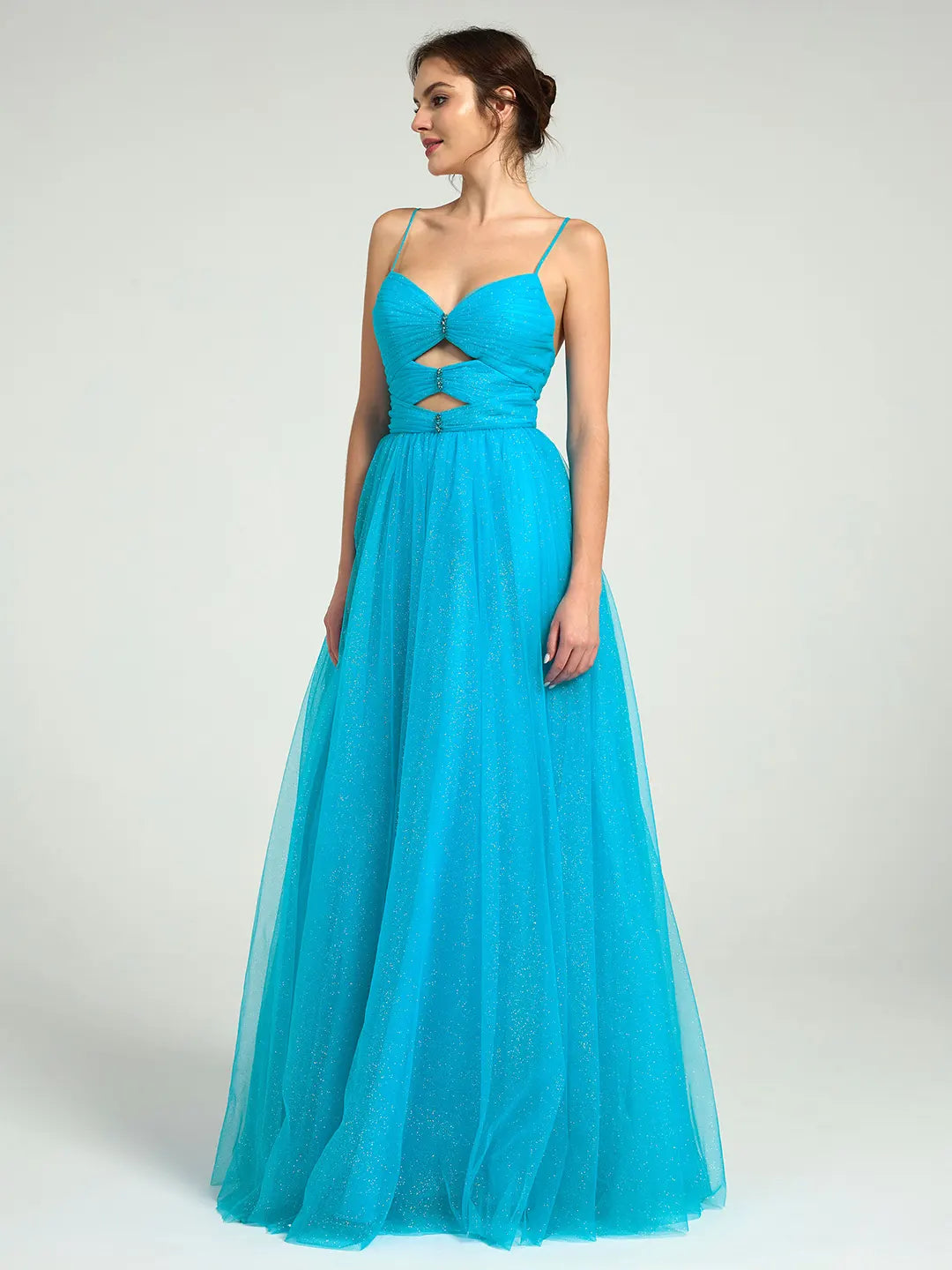 Radiant Glitter Tulle A-Line Maxi Dress with Cutouts & Strappy Back