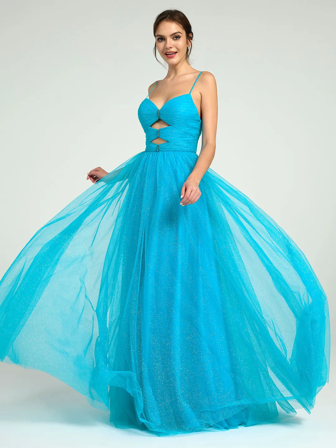 Radiant Glitter Tulle A-Line Maxi Dress with Cutouts & Strappy Back