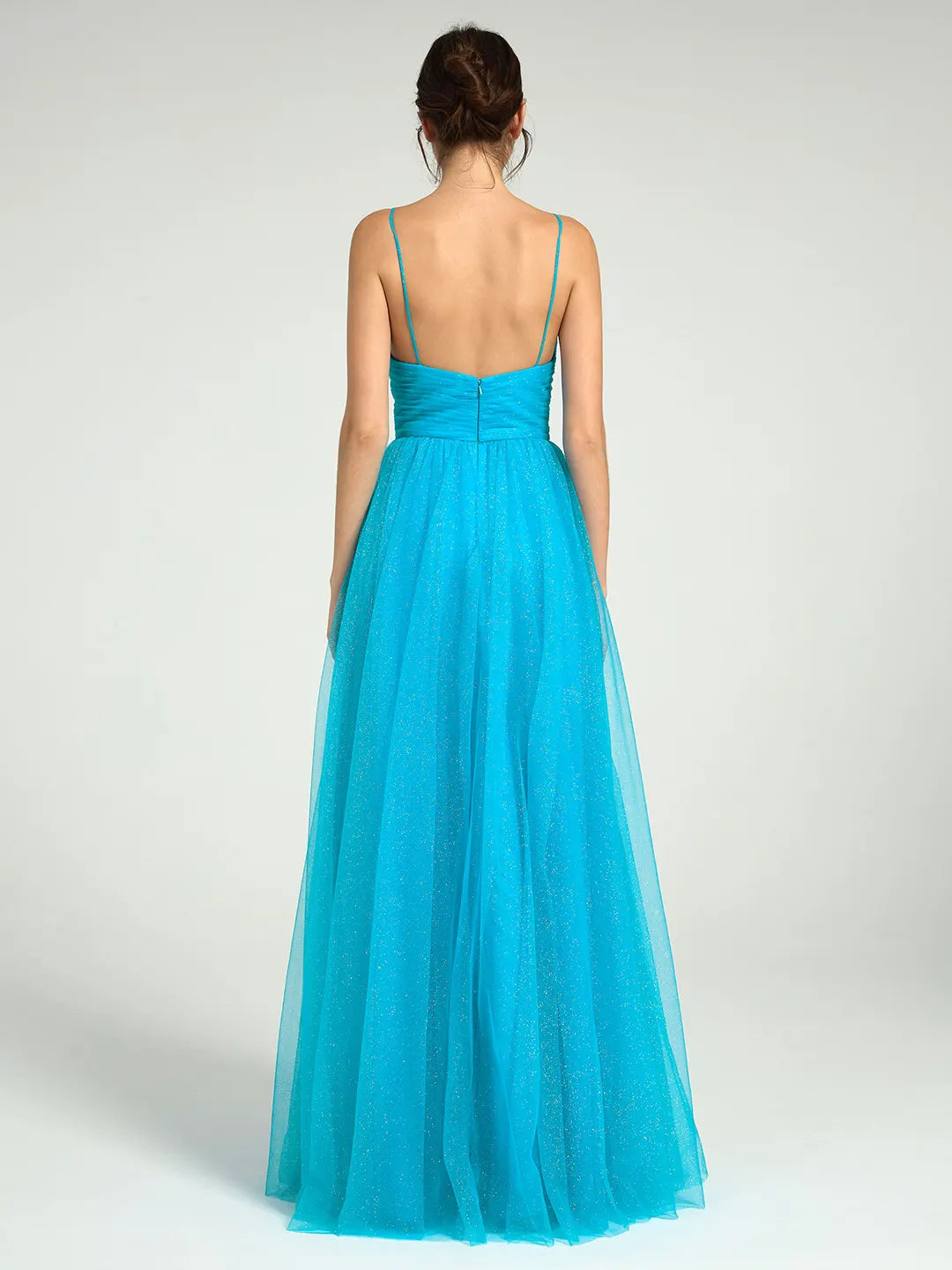 Radiant Glitter Tulle A-Line Maxi Dress with Cutouts & Strappy Back