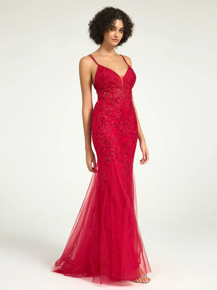 Red V-Neck Lace-Up Mermaid Tulle Maxi Formal Prom Dress with Sequin Lace