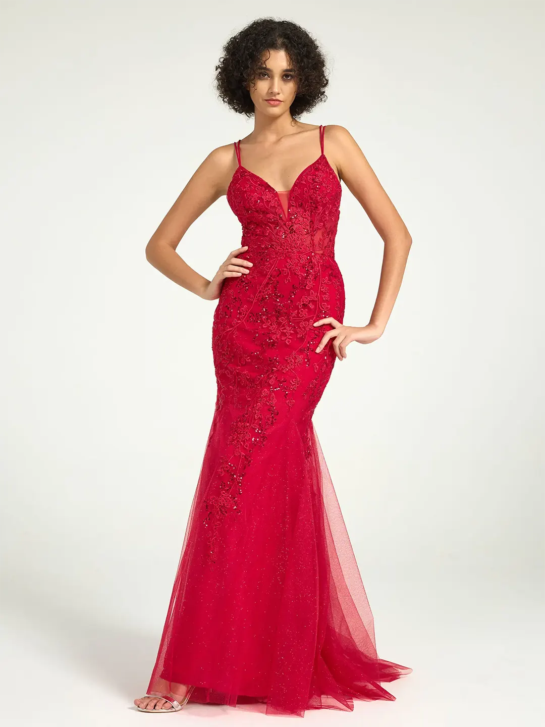 Red V-Neck Lace-Up Mermaid Tulle Maxi Formal Prom Dress with Sequin Lace