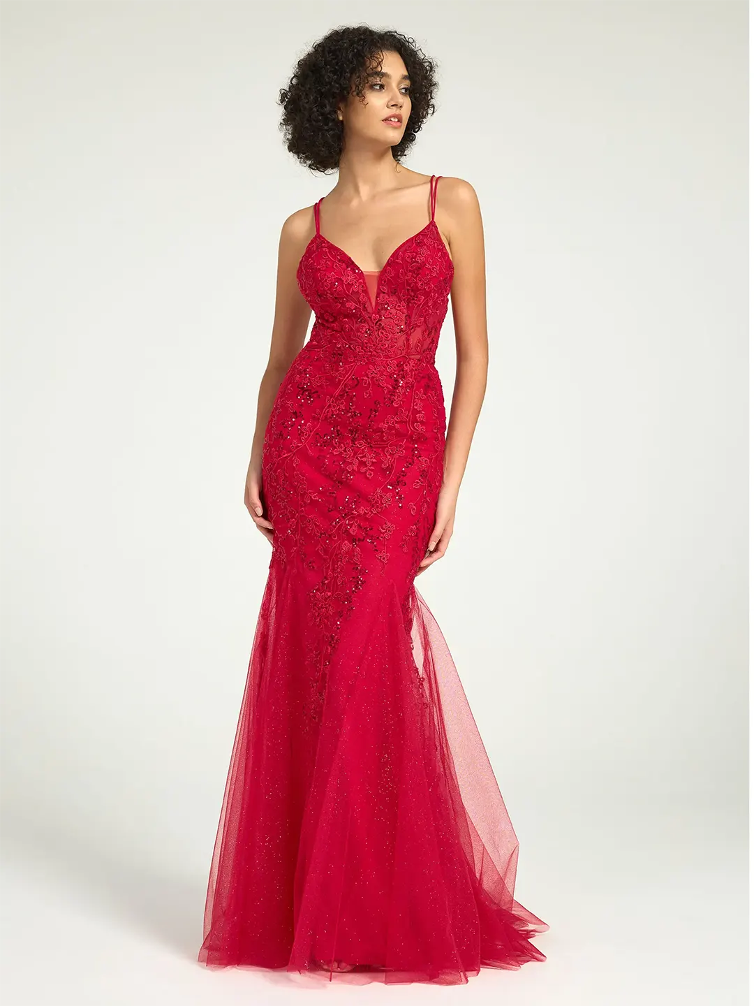 Red V-Neck Lace-Up Mermaid Tulle Maxi Formal Prom Dress with Sequin Lace