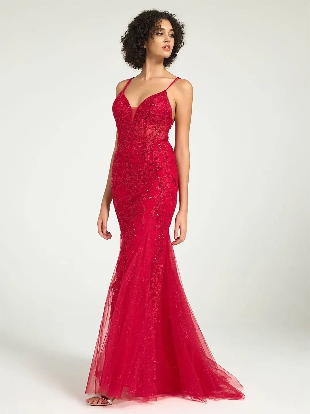 Red V-Neck Lace-Up Mermaid Tulle Maxi Formal Prom Dress with Sequin Lace