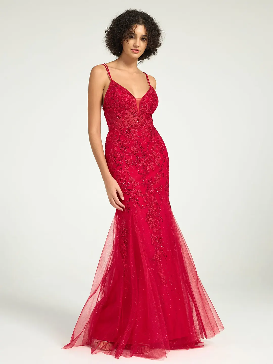 Red V-Neck Lace-Up Mermaid Tulle Maxi Formal Prom Dress with Sequin Lace