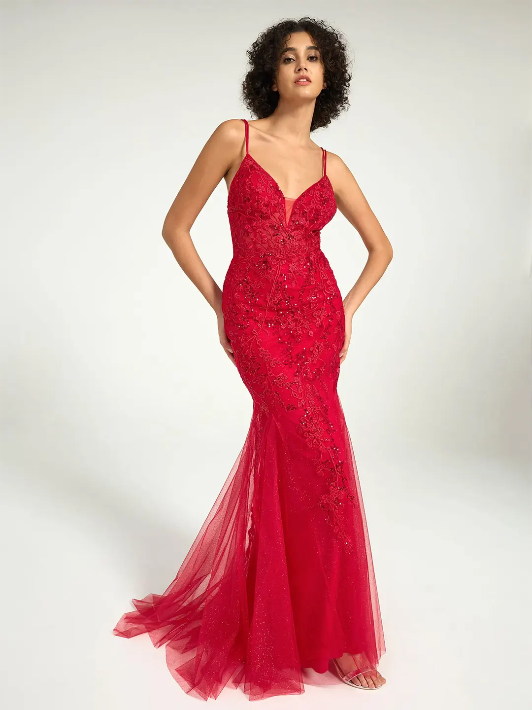 Red V-Neck Lace-Up Mermaid Tulle Maxi Formal Prom Dress with Sequin Lace