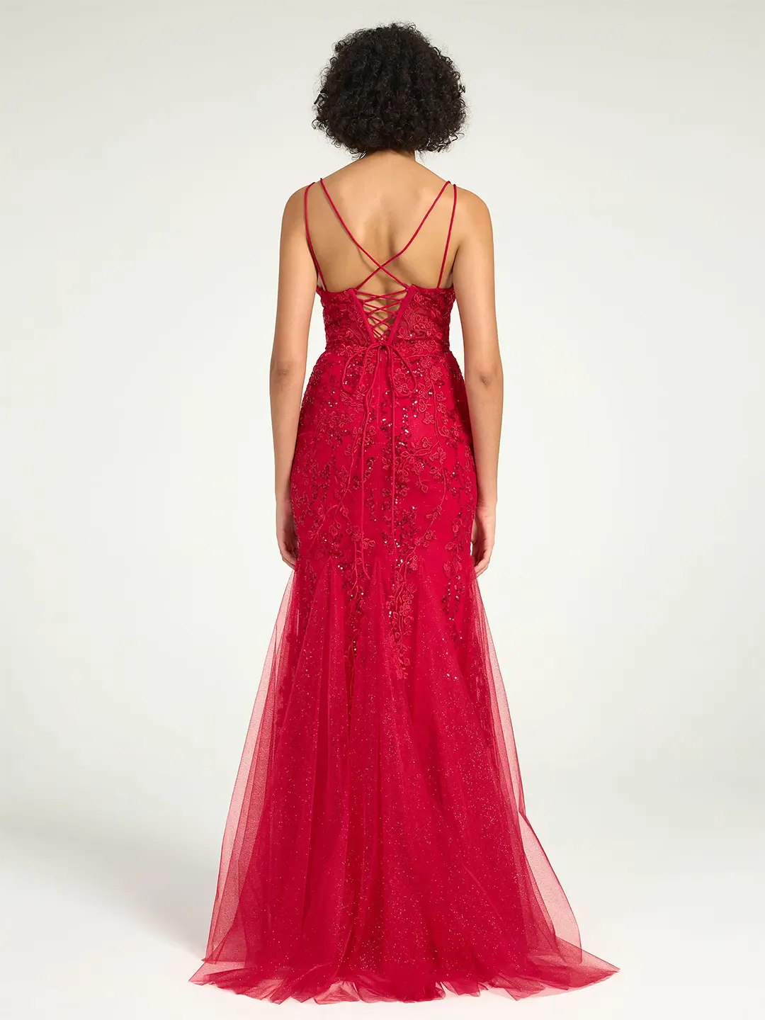 Red V-Neck Lace-Up Mermaid Tulle Maxi Formal Prom Dress with Sequin Lace