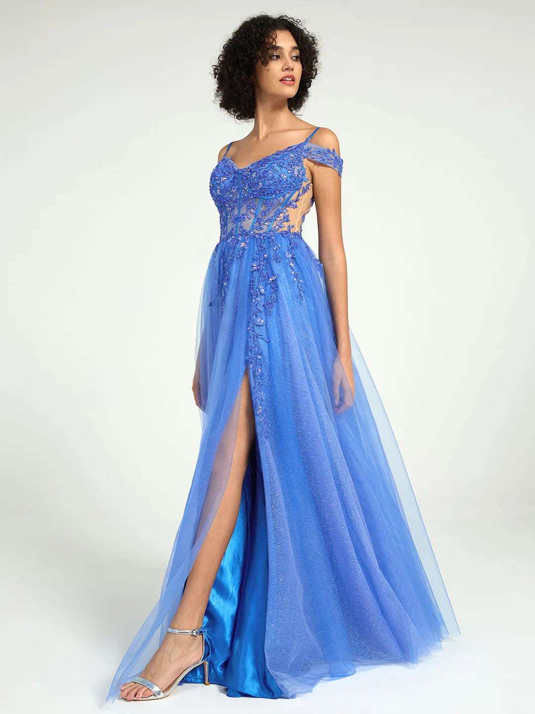 A-Line Lace & Tulle Dress with Floral Sequin Embellishments and Leg Slit