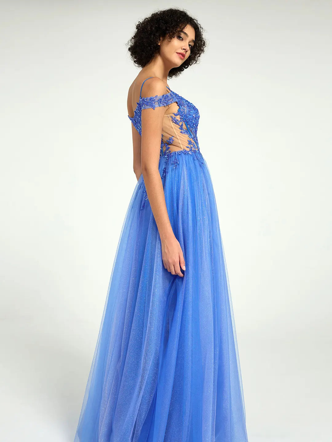 A-Line Lace & Tulle Dress with Floral Sequin Embellishments and Leg Slit