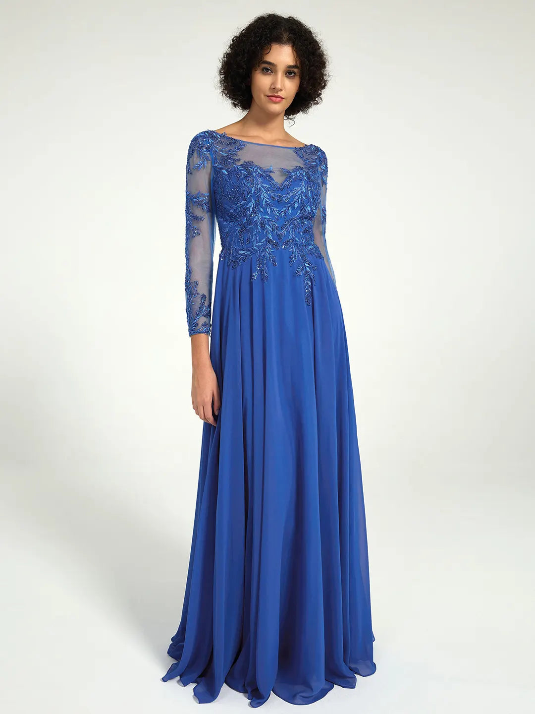 Royal Blue Long Sleeve Mother of the Bride Dress with Lace Embroidery & Sequin Accents