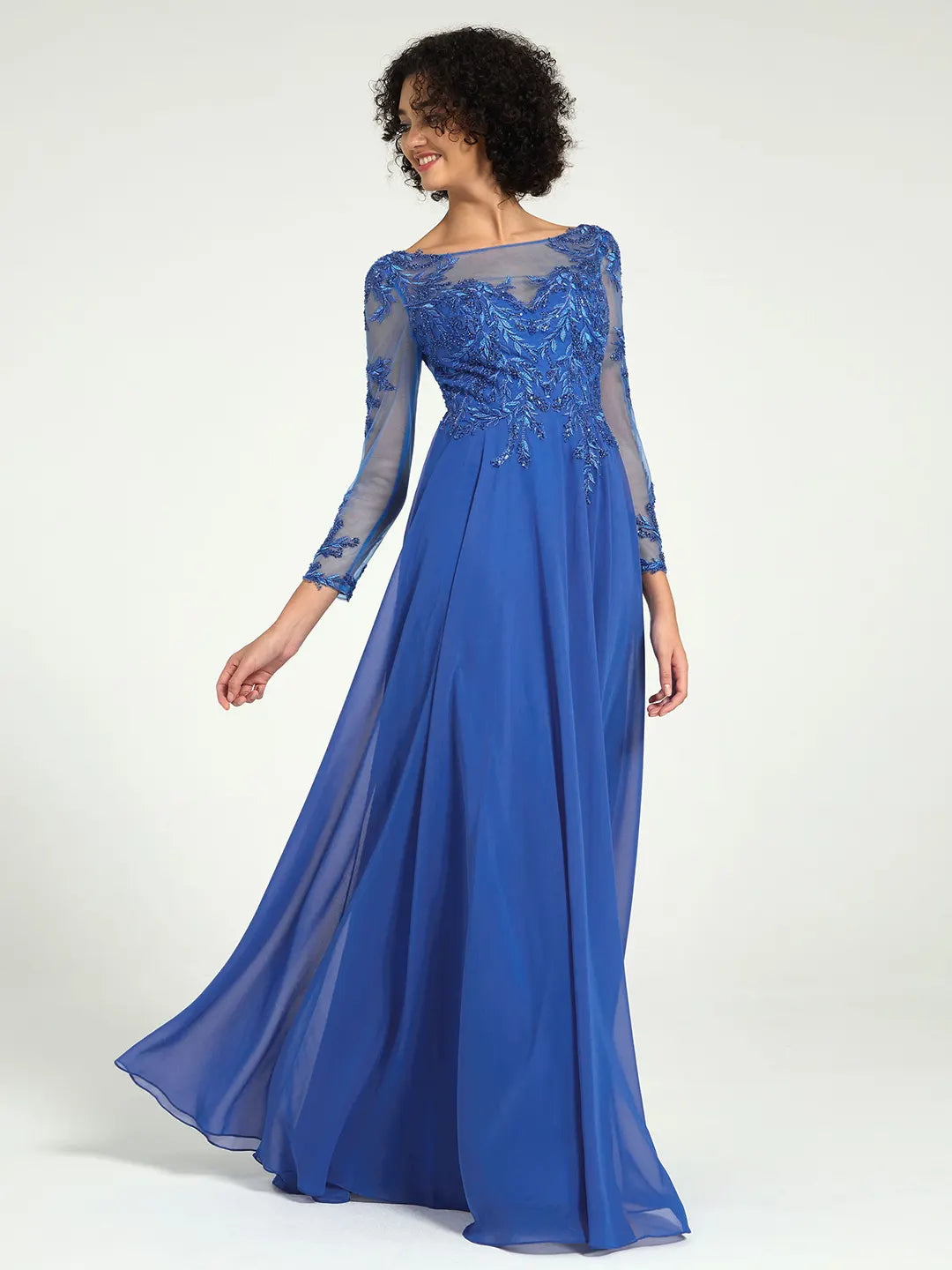 Royal Blue Long Sleeve Mother of the Bride Dress with Lace Embroidery & Sequin Accents