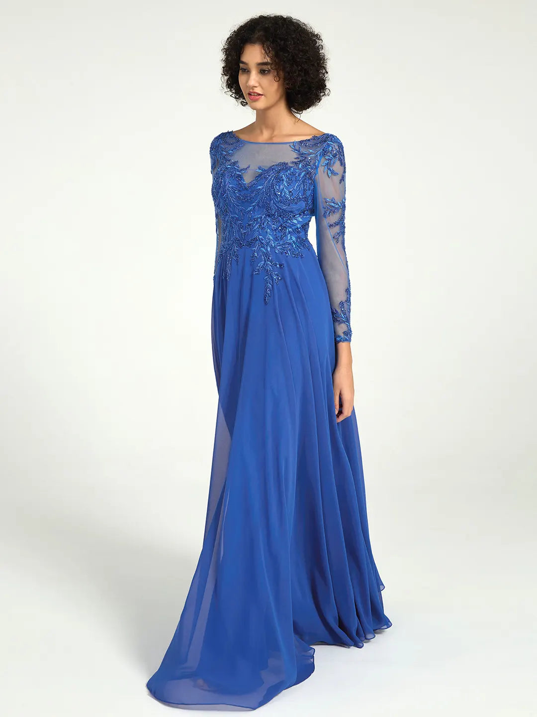 Royal Blue Long Sleeve Mother of the Bride Dress with Lace Embroidery & Sequin Accents