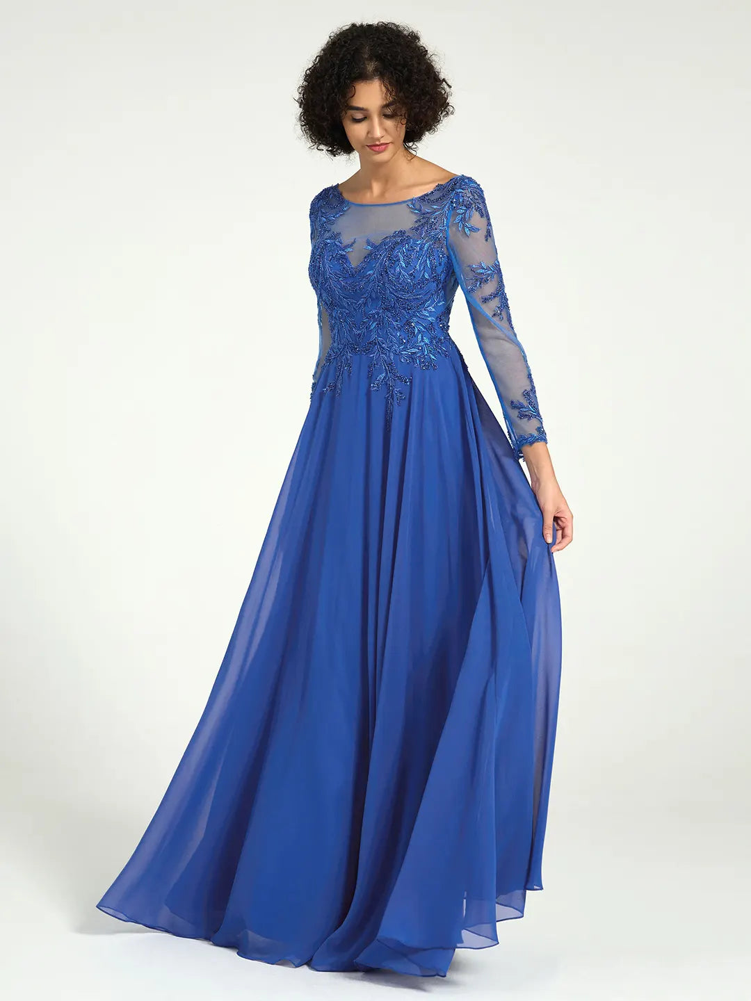 Royal Blue Long Sleeve Mother of the Bride Dress with Lace Embroidery & Sequin Accents