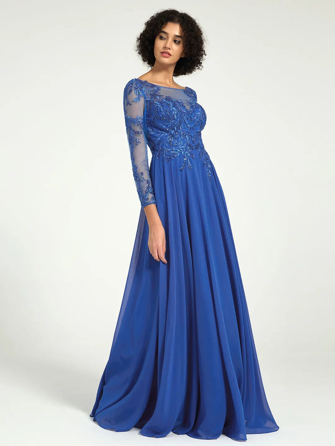 Royal Blue Long Sleeve Mother of the Bride Dress with Lace Embroidery & Sequin Accents