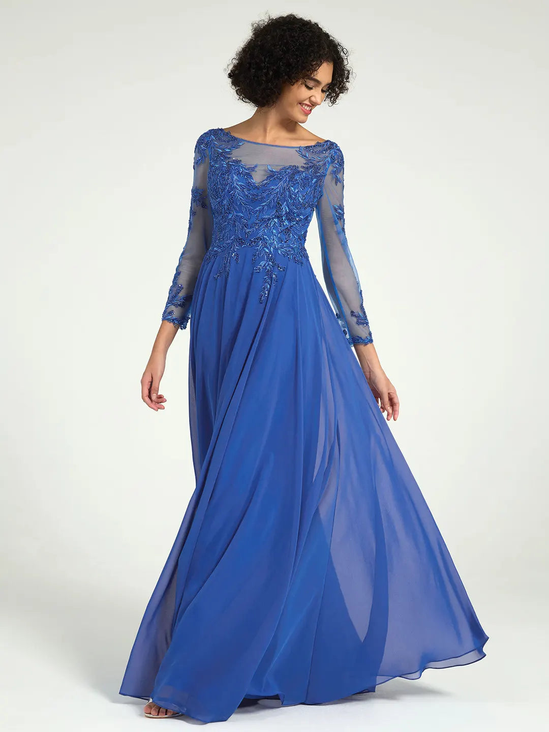 Royal Blue Long Sleeve Mother of the Bride Dress with Lace Embroidery & Sequin Accents