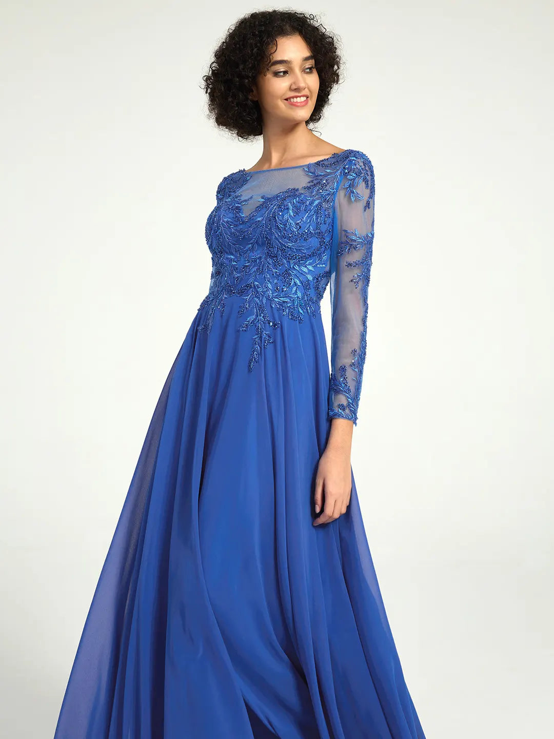 Royal Blue Long Sleeve Mother of the Bride Dress with Lace Embroidery & Sequin Accents