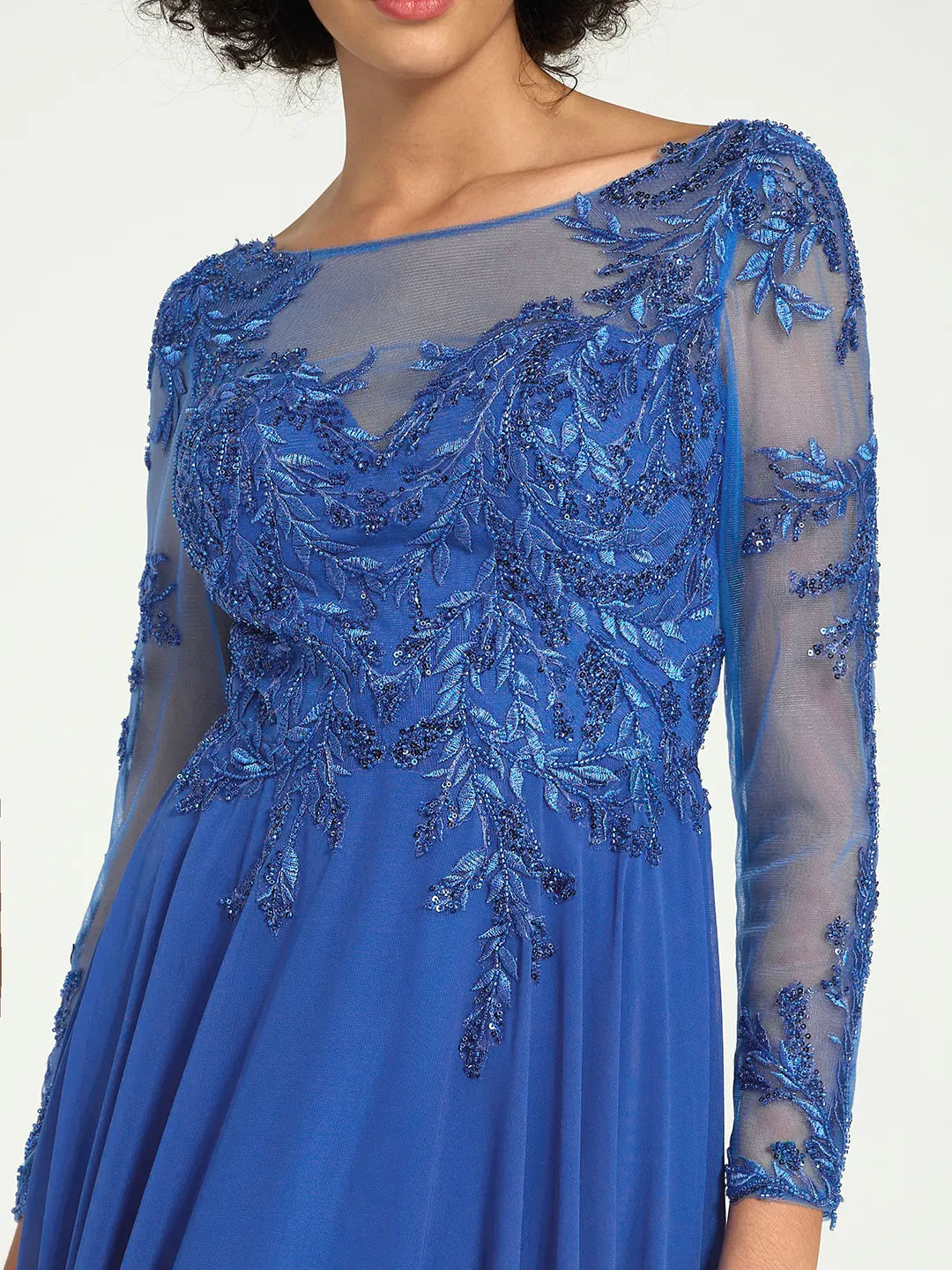 Royal Blue Long Sleeve Mother of the Bride Dress with Lace Embroidery & Sequin Accents